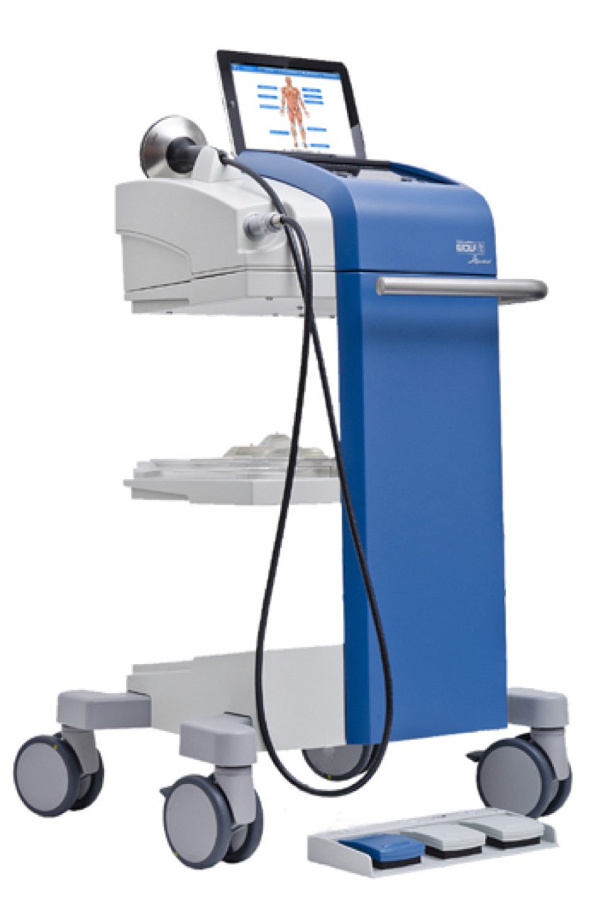 Extracorporeal shock wave therapy device showing the acoustic probe